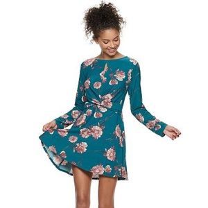Lily Rose Twist Front Swing Dress Teal Mauve Flowers Floral Midi Juniors Dress